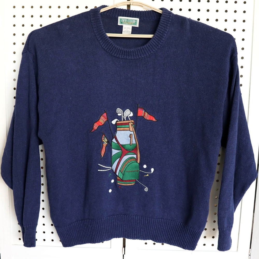 Vintage Ivy Club Classics Golf Embroidered Blue Novelty Sweater Mens SIZE L